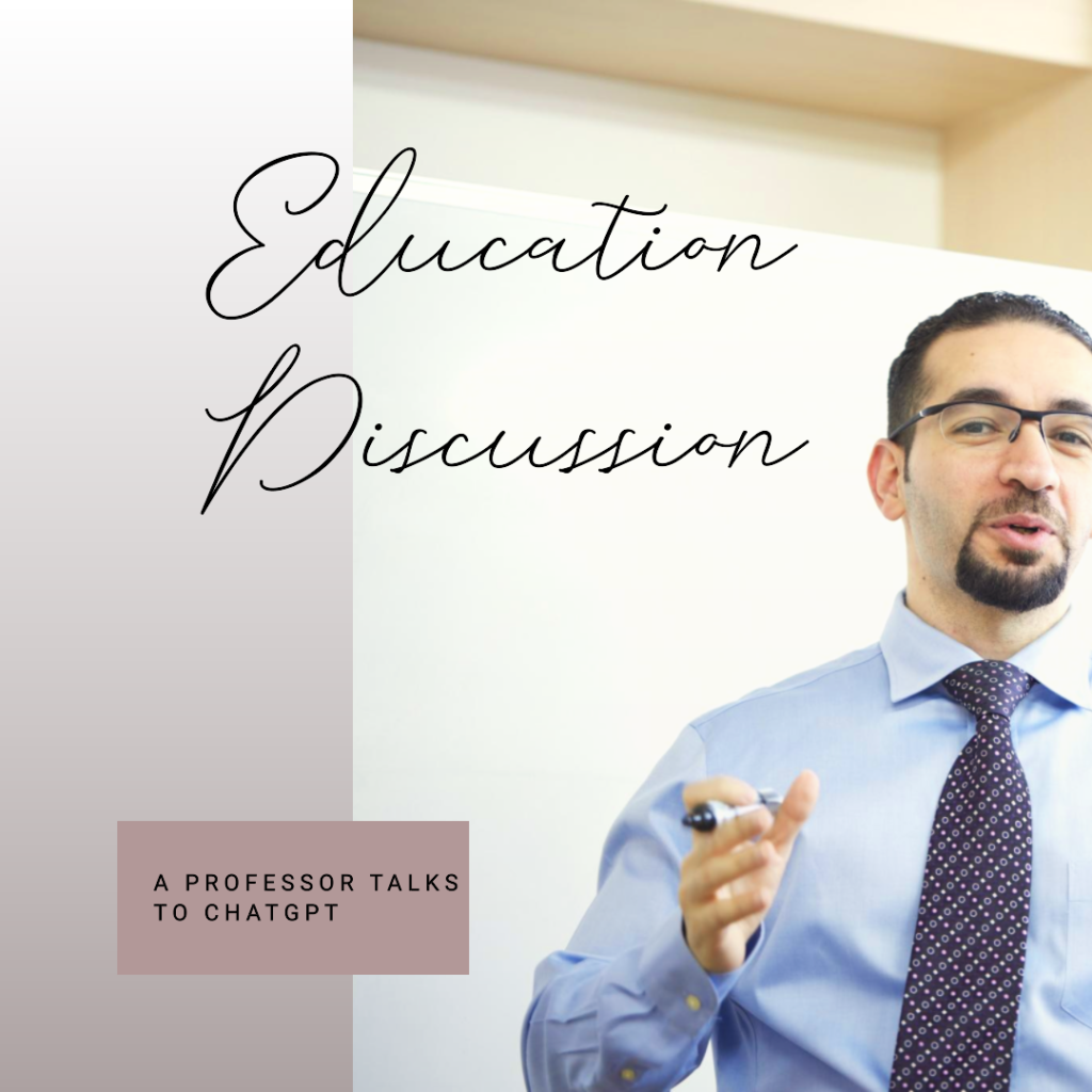 A visual of a professor in a blue shirt and purple tie in an educational setting