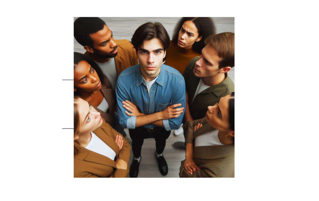 People circling one lone person in a tense moment