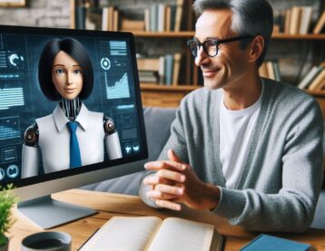 A person sits at a desk with an open book and a cup of coffee, engaged in a video call with an AI on a computer monitor. The AI appears as a humanoid figure wearing a white shirt and blue tie, with data visualizations surrounding it on the screen. A bookshelf filled with books is visible in the background.