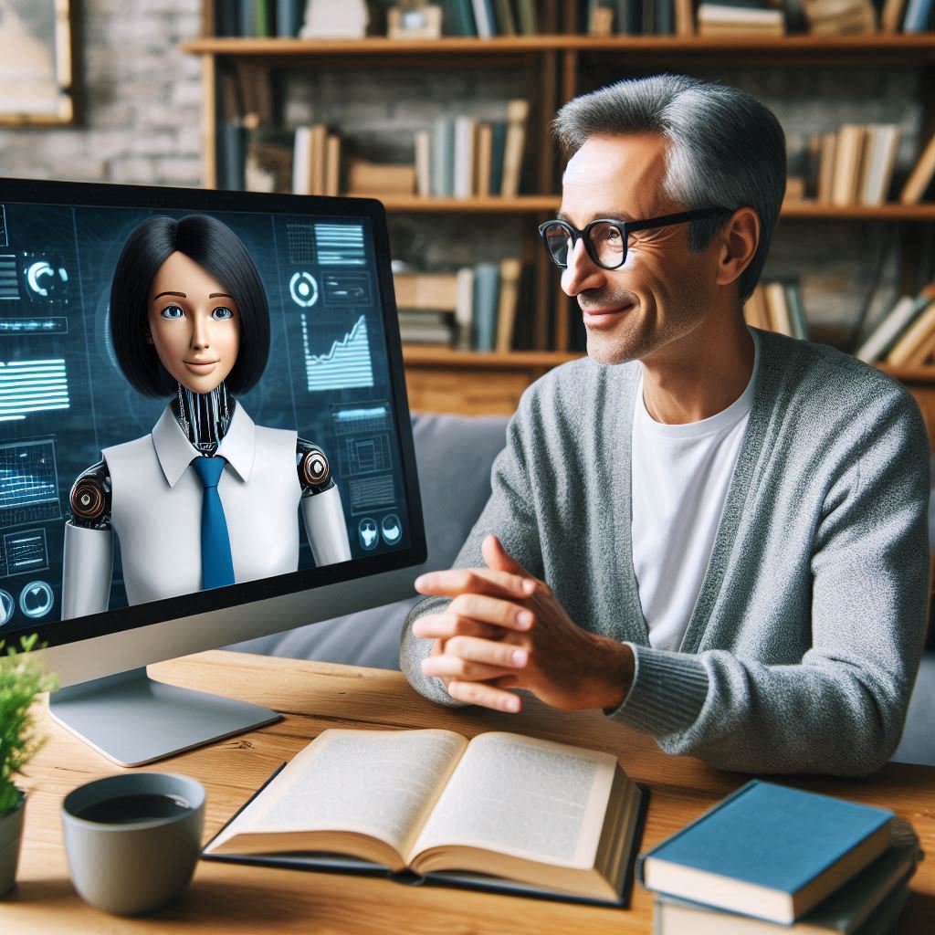 A person sits at a desk with an open book and a cup of coffee, engaged in a video call with an AI on a computer monitor. The AI appears as a humanoid figure wearing a white shirt and blue tie, with data visualizations surrounding it on the screen. A bookshelf filled with books is visible in the background.